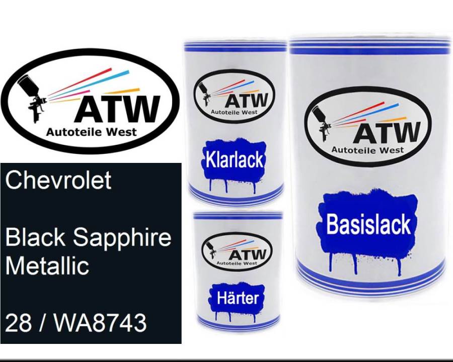 Chevrolet, Black Sapphire Metallic, 28 / WA8743: 500ml Lackdose + 500ml Klarlack + 250ml Härter - Set, von ATW Autoteile West.